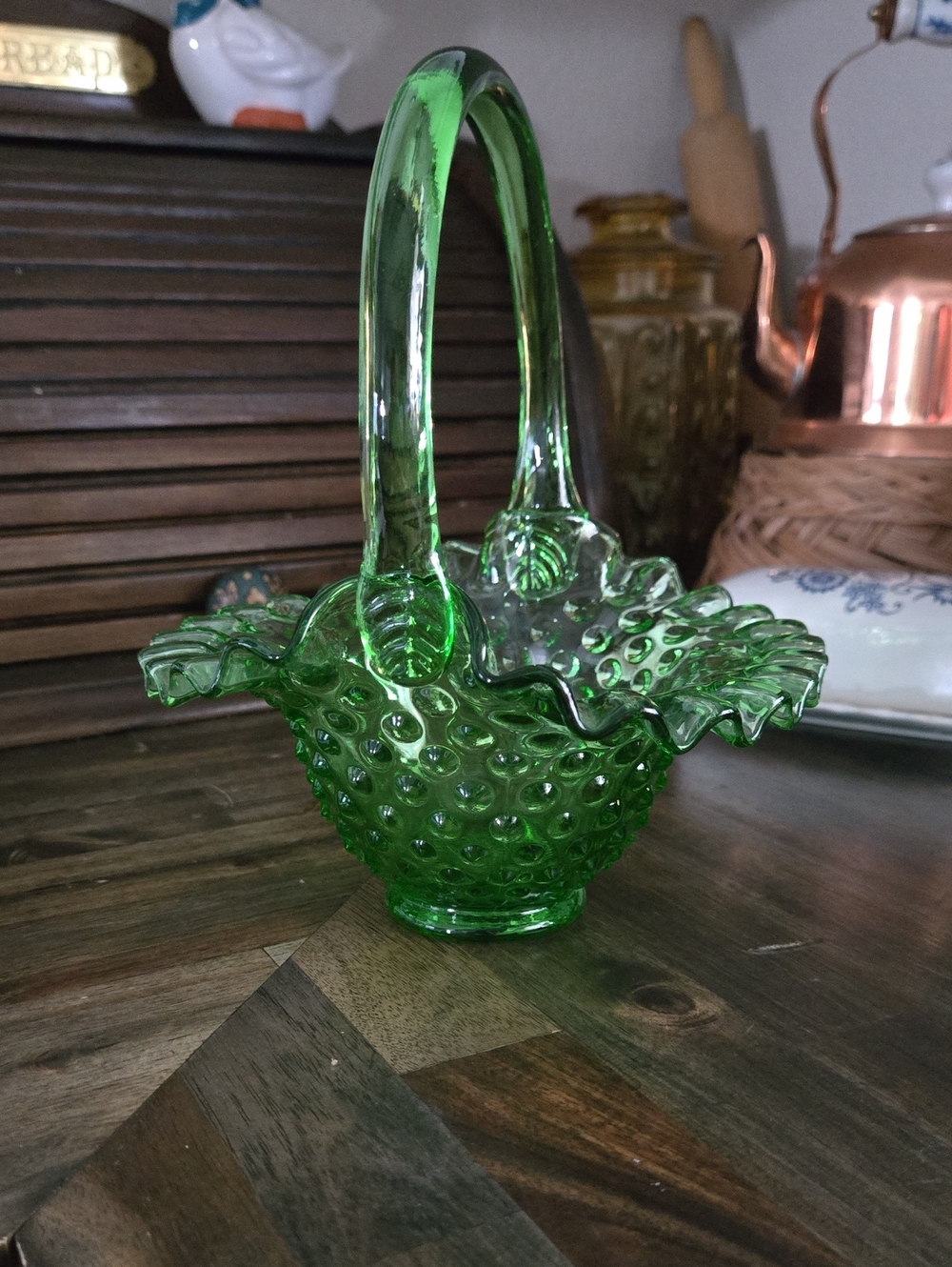 Fenton Uranium Glass Hobnail Basket